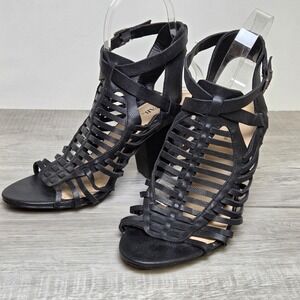 JustFab Fashionably Late Black Gladiator Heels Women's 6.5 Strappy Sandals